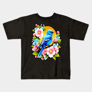 Cute Blue Bird Surrounded by Bold Vibrant Spring Flowers Kids T-Shirt